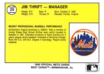 1990 Best Kingsport Mets #25 Jim Thrift Back
