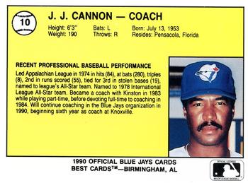 1990 Best Knoxville Blue Jays #10 J.J. Cannon Back