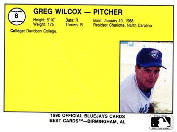 1990 Best Medicine Hat Blue Jays #8 Greg Wilcox  Back