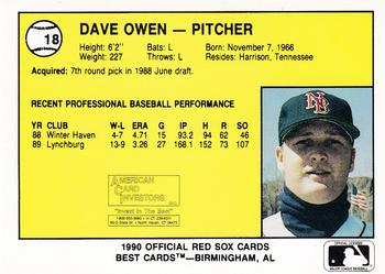 1990 Best New Britain Red Sox #18 Dave Owen  Back