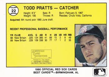 1990 Best New Britain Red Sox #22 Todd Pratt Back