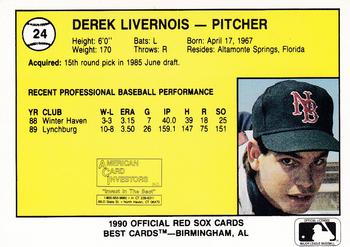 1990 Best New Britain Red Sox #24 Derek Livernois  Back