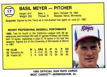 1990 Best Orlando Sun Rays #17 Basil Meyer  Back