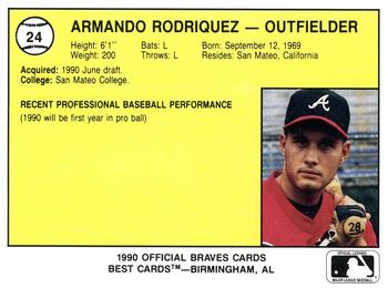 1990 Best Pulaski Braves #24 Armando Rodriguez Back