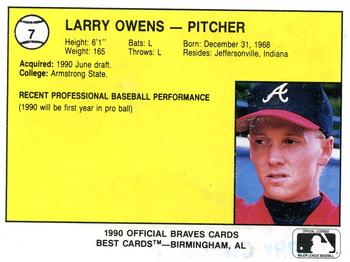 1990 Best Pulaski Braves #7 Larry Owens  Back