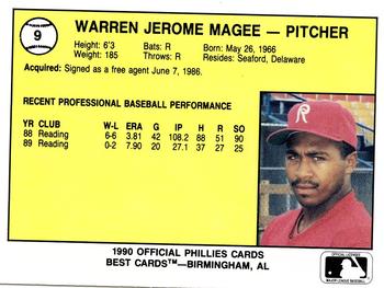 1990 Best Reading Phillies #9 Warren Magee  Back