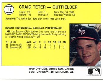1990 Best South Bend White Sox #11 Craig Teter  Back