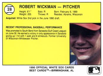 1990 Best South Bend White Sox #28 Bob Wickman  Back