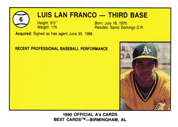1990 Best Southern Oregon Athletics #6 Luis Lan Franco  Back