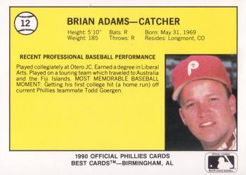 1990 Best Spartanburg Phillies #12 Brian Adams Back
