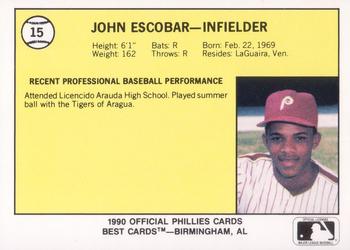 1990 Best Spartanburg Phillies #15 John Escobar  Back
