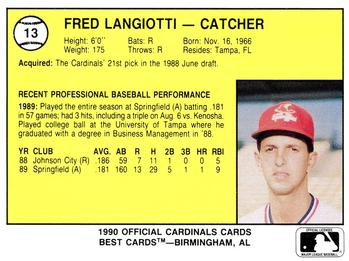 1990 Best Springfield Cardinals #13 Fred Langiotti  Back