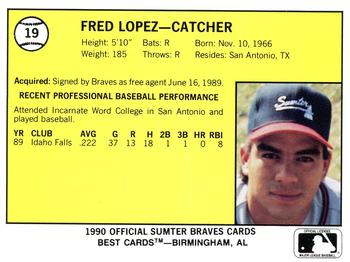 1990 Best Sumter Braves #19 Fred Lopez  Back