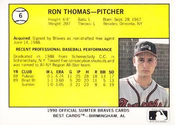 1990 Best Sumter Braves #6 Ron Thomas  Back