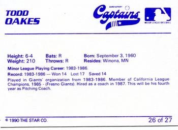 1990 Star Shreveport Captains #26 Todd Oakes Back