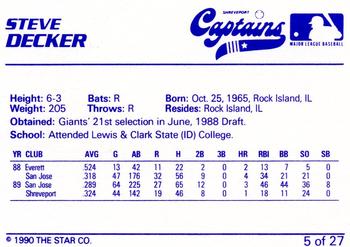 1990 Star Shreveport Captains #5 Steve Decker Back