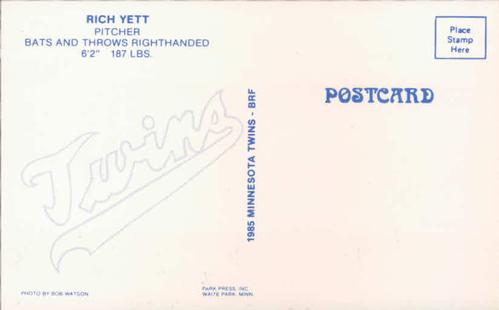1985 Minnesota Twins Postcards #NNO Rich Yett Back