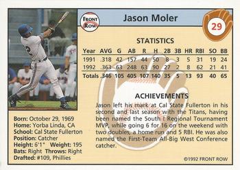 1992 Front Row Draft Picks #29 Jason Moler Back