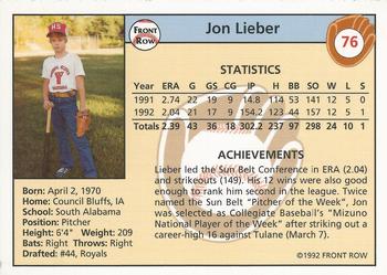 1992 Front Row Draft Picks #76 Jon Lieber Back