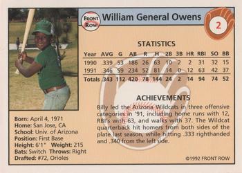 1992 Front Row Draft Picks - Silver #2 Billy Owens Back