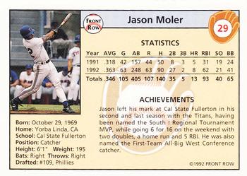 1992 Front Row Draft Picks - Silver #29 Jason Moler Back