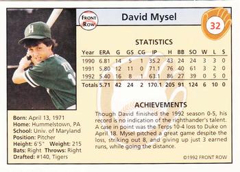 1992 Front Row Draft Picks - Silver #32 David Mysel Back