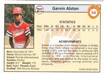 1992 Front Row Draft Picks - Silver #54 Garvin Alston Back