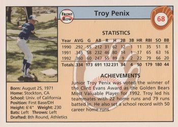 1992 Front Row Draft Picks - Silver #68 Troy Penix Back