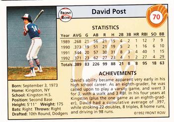 1992 Front Row Draft Picks - Silver #70 David Post Back