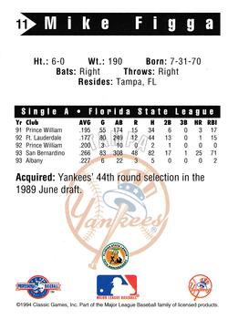 1994 Classic Best Tampa Yankees #11 Mike Figga Back