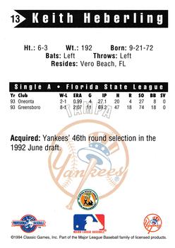 1994 Classic Best Tampa Yankees #13 Keith Heberling Back
