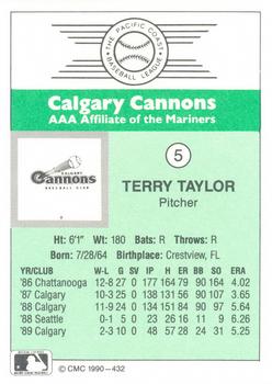 1990 CMC Calgary Cannons #5 Terry Taylor Back