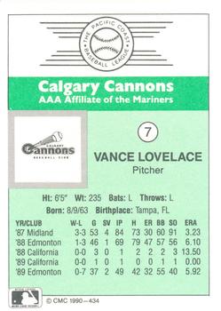 1990 CMC Calgary Cannons #7 Vance Lovelace Back