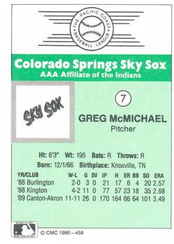1990 CMC Colorado Springs Sky Sox #7 Greg McMichael Back