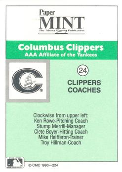 1990 CMC Columbus Clippers #24 Clippers Coaches (Ken Rowe / Stump Merrill / Clete Boyer / Mike Heifferon / Trey Hillman) Back