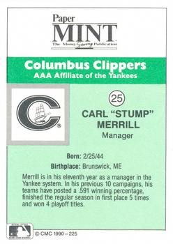 1990 CMC Columbus Clippers #25 Stump Merrill Back