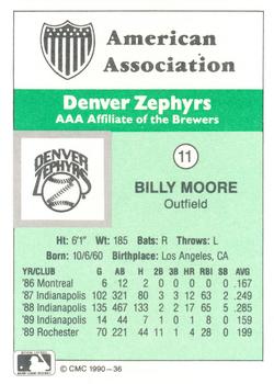 1990 CMC Denver Zephyrs #11 Billy Moore Back