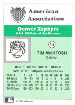 1990 CMC Denver Zephyrs #15 Tim McIntosh Back