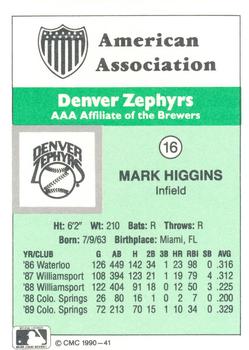 1990 CMC Denver Zephyrs #16 Mark Higgins Back