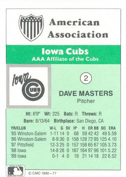 1990 CMC Iowa Cubs #2 David Masters Back