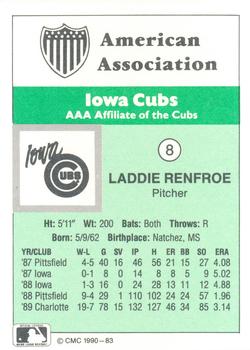 1990 CMC Iowa Cubs #8 Laddie Renfroe Back