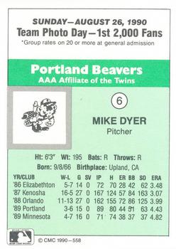 1990 CMC Portland Beavers #6 Mike Dyer Back