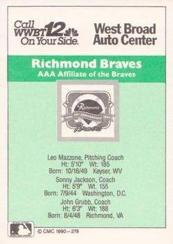 1990 CMC Richmond Braves #2 Braves Coaches (Leo Mazzone / Sonny Jackson / John Grubb) Back