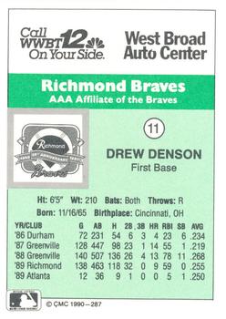 1990 CMC Richmond Braves #11 Drew Denson Back