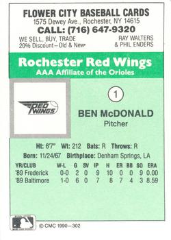 1990 CMC Rochester Red Wings #1 Ben McDonald Back