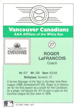 1990 CMC Vancouver Canadians #27 Roger LaFrancois Back
