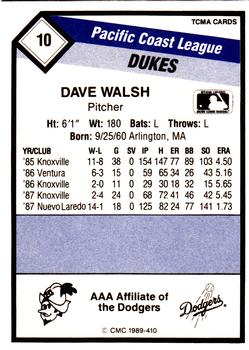 1989 CMC Albuquerque Dukes #10 Dave Walsh  Back