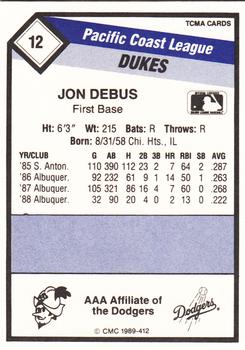 1989 CMC Albuquerque Dukes #12 Jon Debus  Back