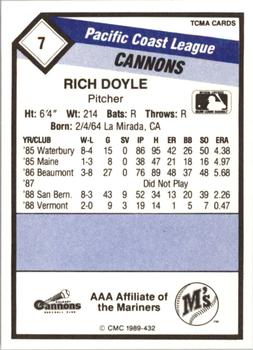 1989 CMC Calgary Cannons #7 Rich Doyle  Back