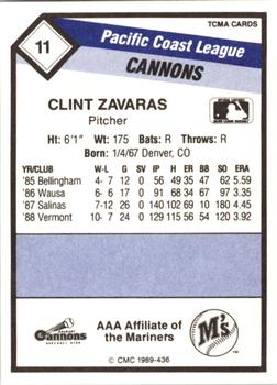1989 CMC Calgary Cannons #11 Clint Zavaras  Back